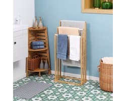 MEUNIQ staand handdoekrek met 3 stangen van bamboe 48 x 25,8 x 94 cm vrijstaand droogrek voor badkamer of wasruimte naturel