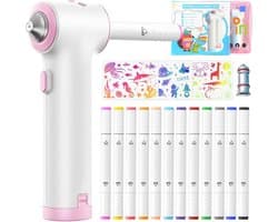 Speed Airbrush Elektrische verfspuitstiften, set van 12 textielmarkers met dubbele punt, 3 sjablonen en 2 sproeikoppen, heldere en rijke kleuren, textielverf om te spuiten, roze