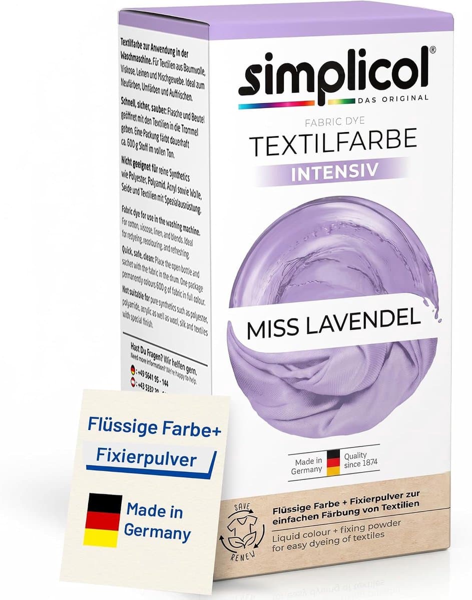 Simplicol Textielverf Intensief Miss Lavendel – Wasmachine Textielverf – 150 ml Vloeibare Verf + 400 g Fixeerpoeder met Zout – Kleding & Stoffen Verven – Tot 600 g Textiel — afbeelding 1