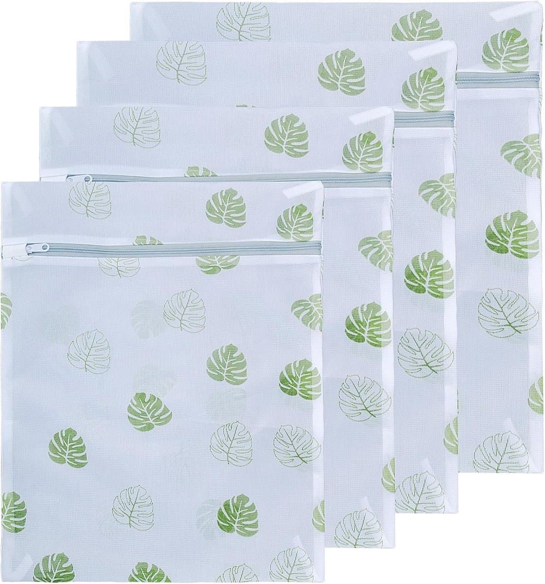 Herbruikbare waszakken met groen bladpatroon, 4 stuks, ideaal voor het wassen van fijne was zoals shirts, jassen en truien in de wasmachine. — afbeelding 1