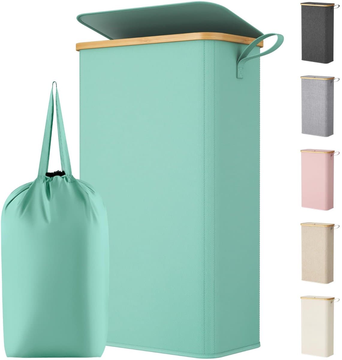 Wasmand met Deksel, Smalle Wasmand, Laundry Basket met Bamboe Frame, Uitneembare Zak en Handgreep, Voor Slaapkamer, Badkamer, Wasruimte, 65L, Turquoise — afbeelding 1
