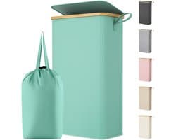 Wasmand met Deksel, Smalle Wasmand, Laundry Basket met Bamboe Frame, Uitneembare Zak en Handgreep, Voor Slaapkamer, Badkamer, Wasruimte, 65L, Turquoise
