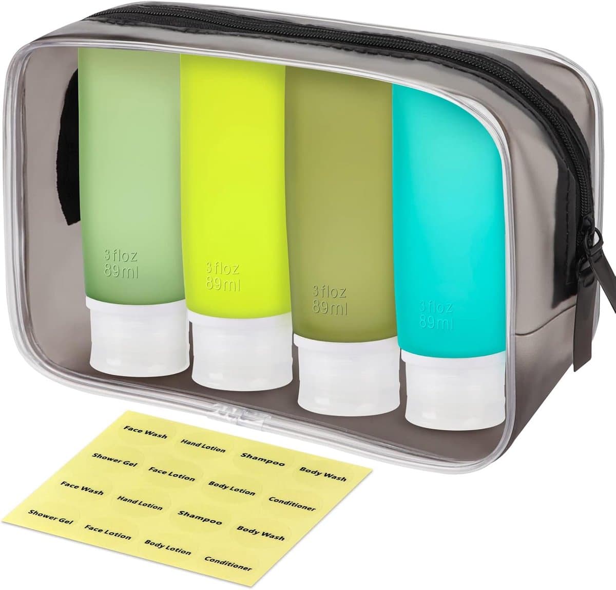 Reisflessen voor toiletartikelen, 90 ml reiscontainers voor toiletartikelen, lekvrije BPA-vrije CAA goedgekeurde knijpbare siliconen buisjes reisaccessoires met etiketten groen — afbeelding 1