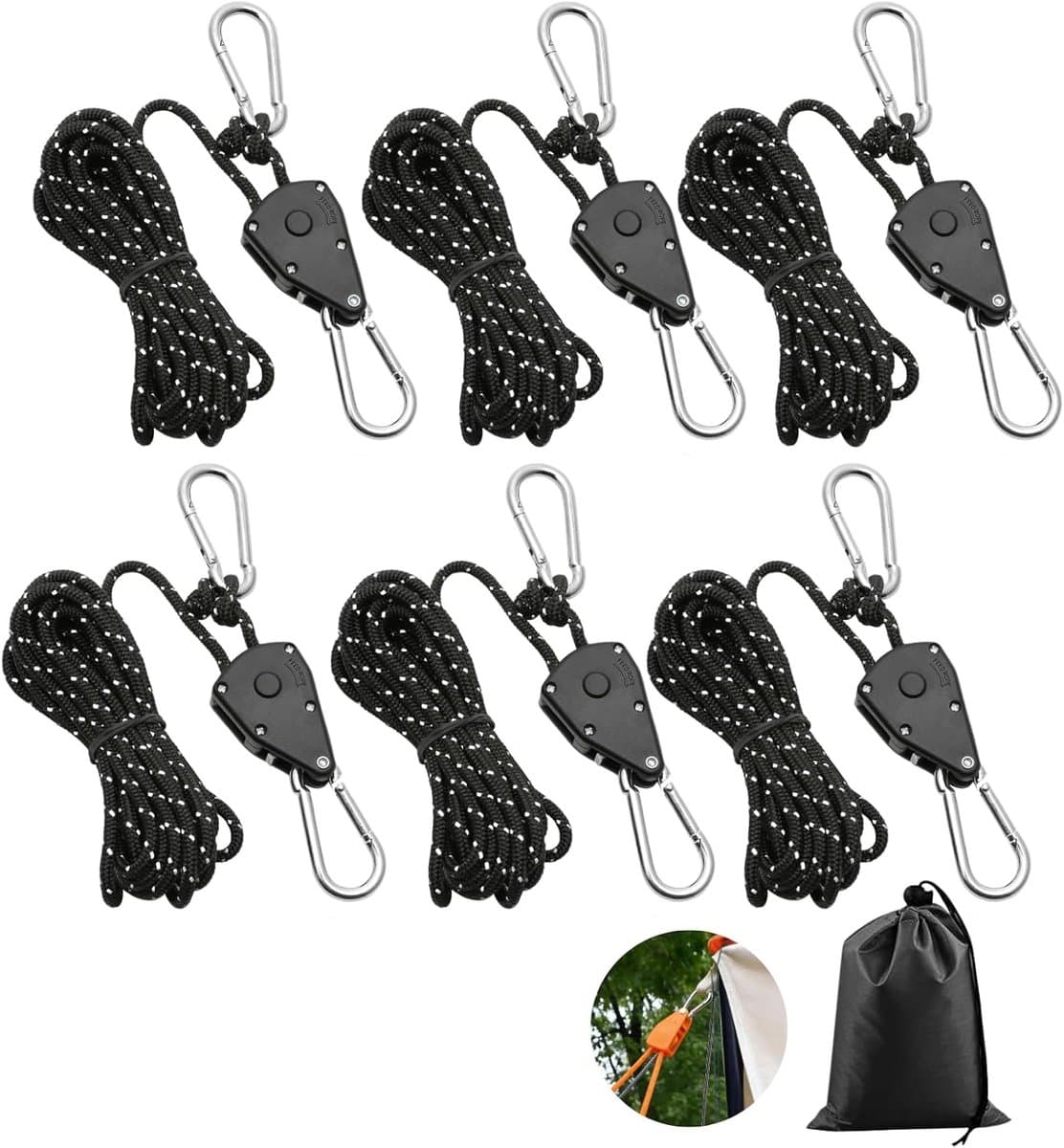SnelShoppen - 6 Pcs Ratchet Tent Tension Ropes 4m met Kabelspanner - 1/8 Inch Winddichte Touw met Haken - Perfect voor Camping en Outdoor Activiteiten — afbeelding 1