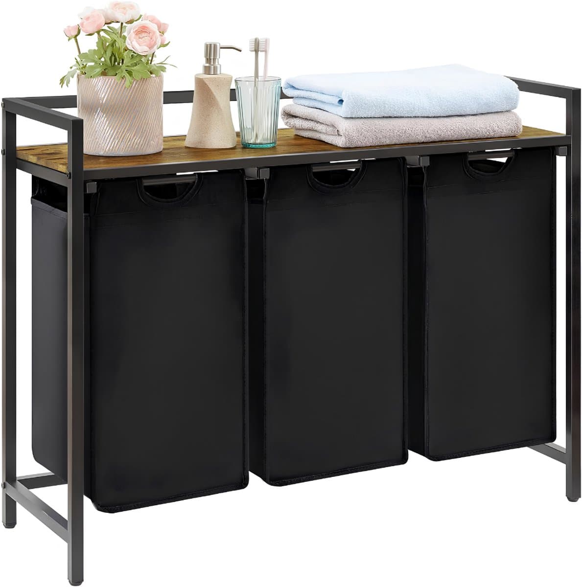 VALI® Wasmand -Plank en Dubbele Uittrek - Uitneembare Zakken - Zwart - 92cm x 36cm x 8cm — afbeelding 1