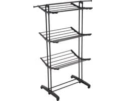 Meisterhome® - 24 Meter - wasrek – Inklapbare wielen – makkelijk opbergen - Droogtoren op wielen - 3 etages - draaibaar droogrek - uitklapbaar – Mat zwart - Tot 25 kg wasgoed