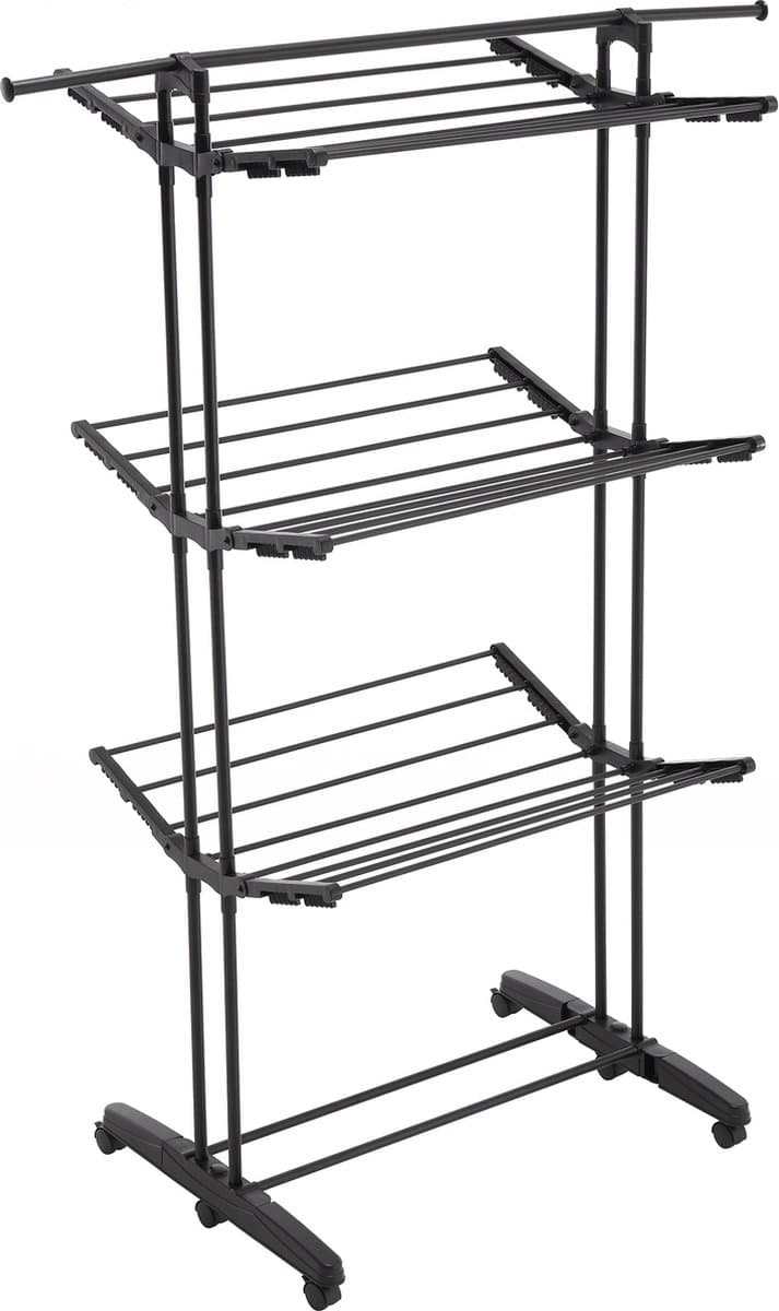 Meisterhome® - 24 Meter - wasrek – Inklapbare wielen – makkelijk opbergen - Droogtoren op wielen - 3 etages - draaibaar droogrek - uitklapbaar – Mat zwart - Tot 25 kg wasgoed — afbeelding 1