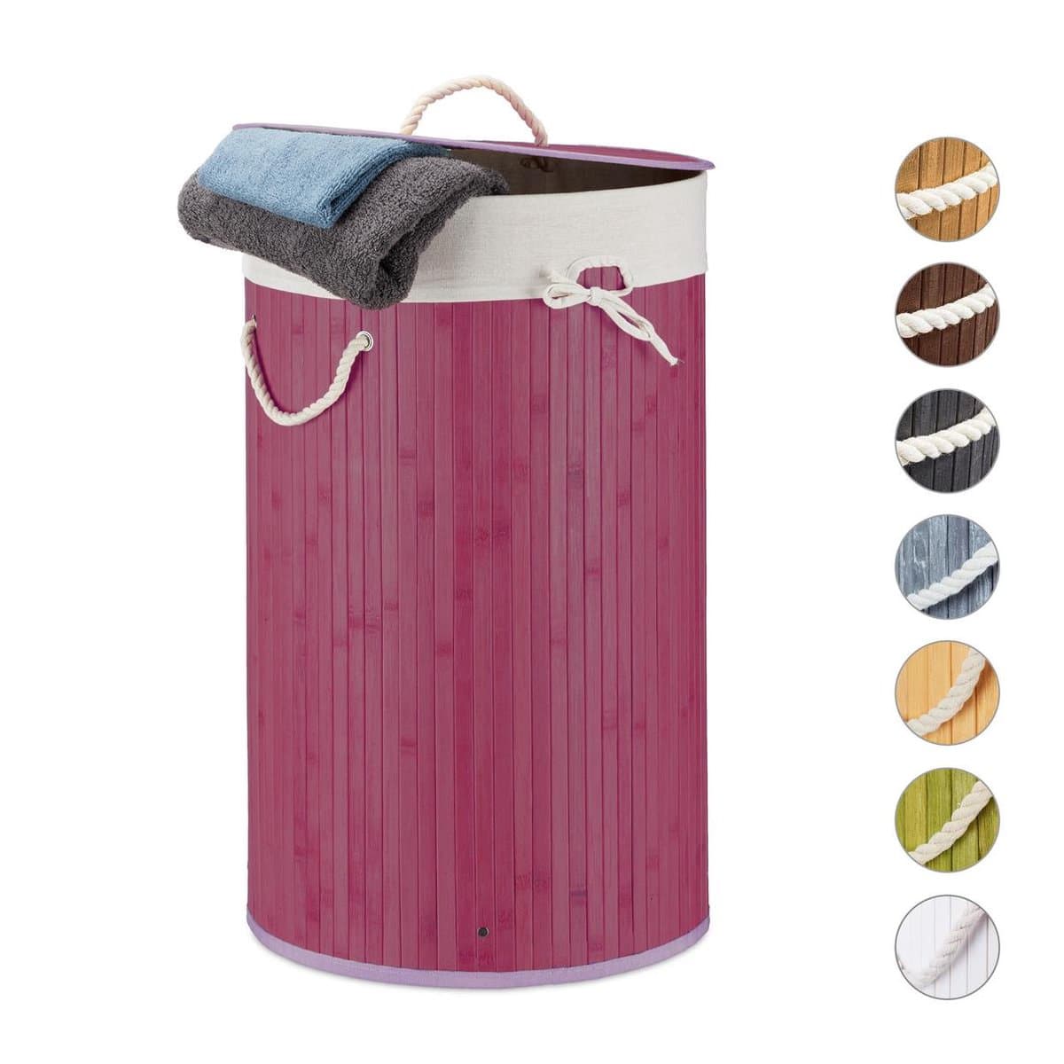 wasmand bamboe - 70 l - opvouwbaar - met deksel en katoenen waszak - Ø 41 cm - paars — afbeelding 1