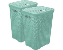 Hega Hogar Wasmand met deksel Rotan - 2x - mintgroen - gevlochten kunststof - 60 liter - 34 x 43 x 62 cm
