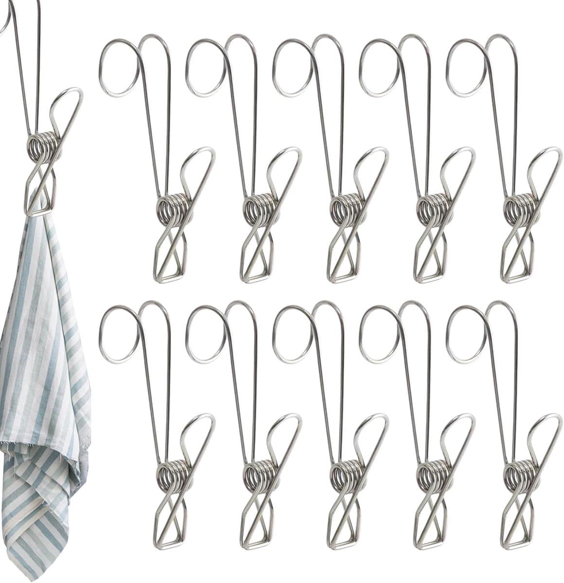 Set van 10 - Lange staarthaak - 9 cm lang - Badkamer - Handdoekhaak - Haak - Keukenhaakframe - Metalen clip - Metalen wasknijper - Zakclip - Deur of balkon - Multifunctionele stoffen clip - Zilver - Roestvrijstalen wasknijper - Metalen wasknijpers — afbeelding 1