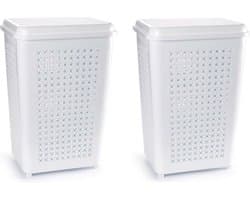 Wasmand met deksel - 2x stuks - 50 liter - wit - kunststof - 41 x 31 x 61 cm - grote wasmanden