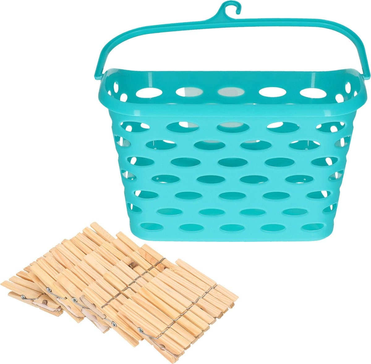 Wasknijpersmandje met haak - blauw - en 100x houten wasknijpers 7 cm - was ophangen — afbeelding 1