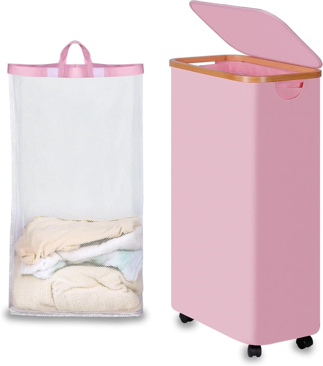 Vouwbare wasmand met wielen, 75L, roze slim ontwerp met deksel, bamboe handvatten en afneembare zak voor slaapkamer, badkamer en wasruimte — afbeelding 1