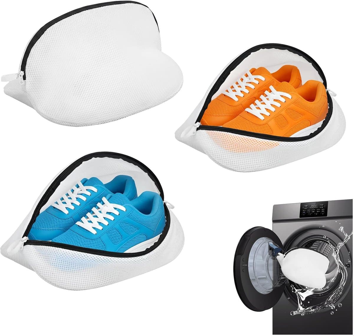 Allecto - Set van 3 schoenwaszakken - Herbruikbare waszak - Bescherm je schoenen beter - Wit - Geschikt voor sportschoenen - Ideaal voor sokken en ... — afbeelding 1