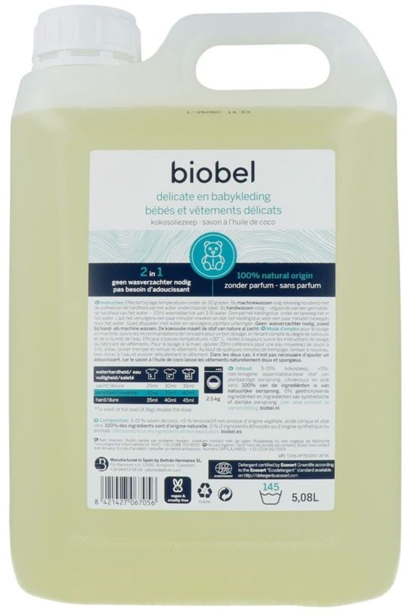 Biobel – Vloeibaar Wasmiddel voor Delicate en Babykleding – 5L – 100% Natuurlijk — afbeelding 1
