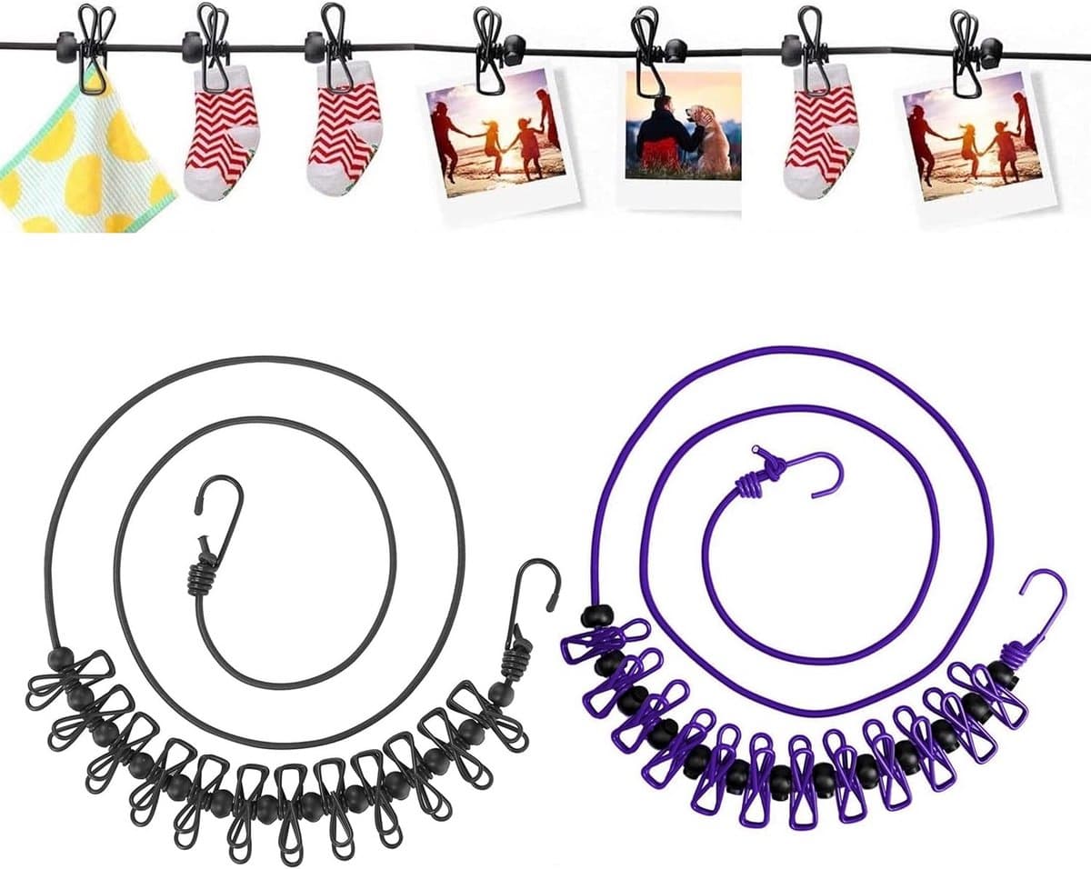 Reiswaslijn - Waslijn met clips - Kleding drogen - Elastisch en verstelbaar - 2 stuks 180cm - Meerdere kleuren — afbeelding 1
