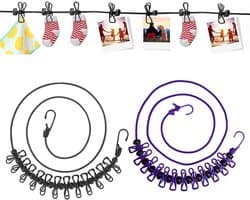 Reiswaslijn - Waslijn met clips - Kleding drogen - Elastisch en verstelbaar - 2 stuks 180cm - Meerdere kleuren