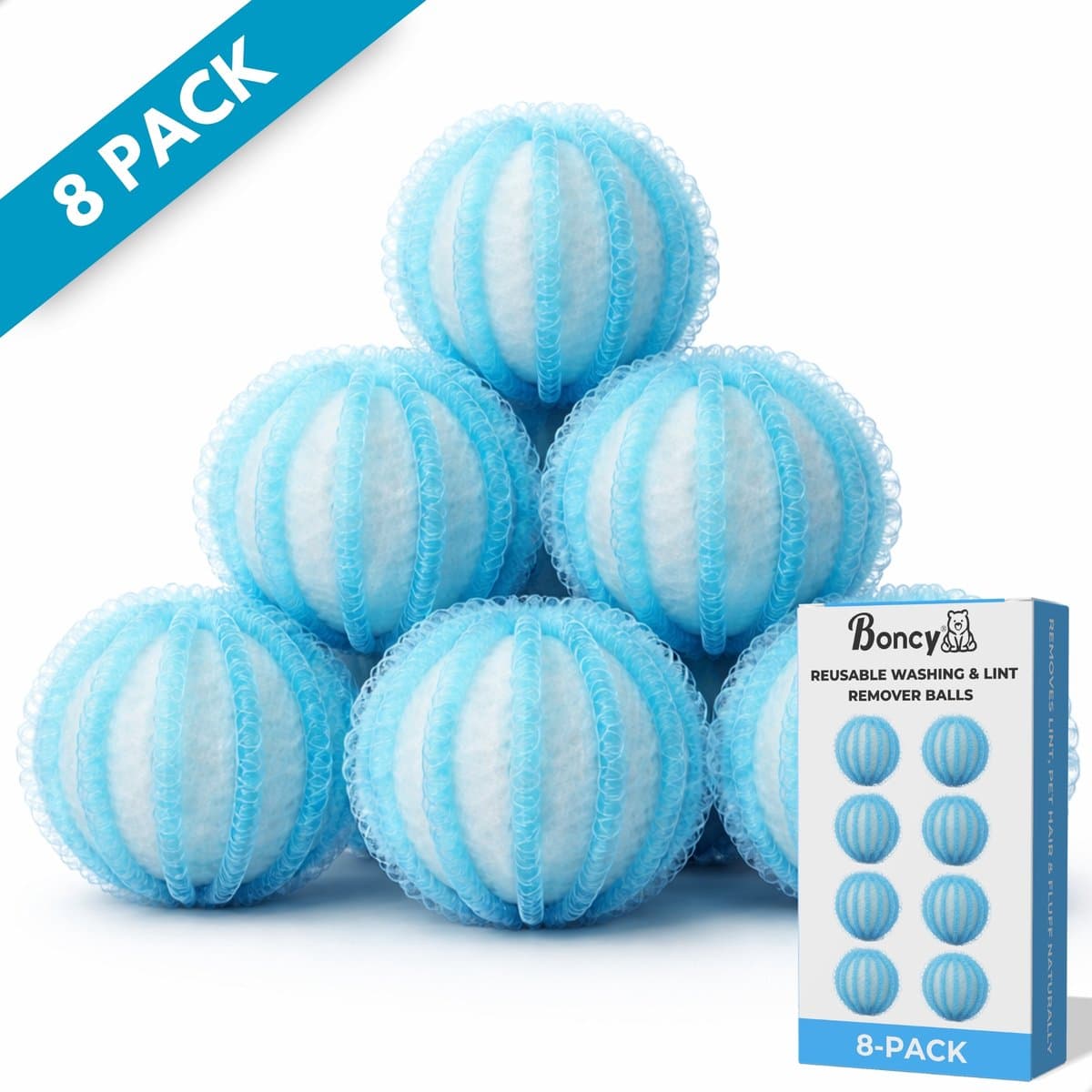 Boncy® Drogerballen 8 stuks Blauw - Droger Ballen Haarverwijderaar voor Wasdrogers & Wasmachine - Haarvanger Wasbollen - Anti Haar Droogballen - Wasdrogerballen - Wasballen Pluizenverwijderaar Huisdieren Wasmachine Pluis Wasbol — afbeelding 1