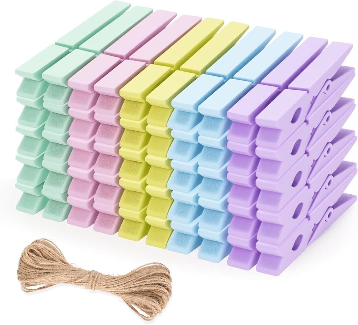 Houten Wasknijpers - Fotoklemmen Jute - Decoratie Ophangen - Pastelkleurig Hout - 7 cm - Pastel — afbeelding 1
