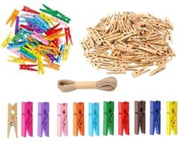 Houten Wasknijpers - Mini Clips - Decoratie Maken - Inclusief Touw Beugels - 100 Stuks - Meerkleurig