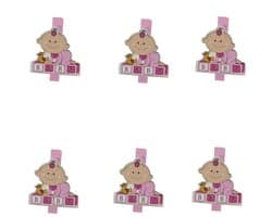 Mini houten knijpers baby roze - Geboorte Babyshower foto kaart knijpers - 6 stuks