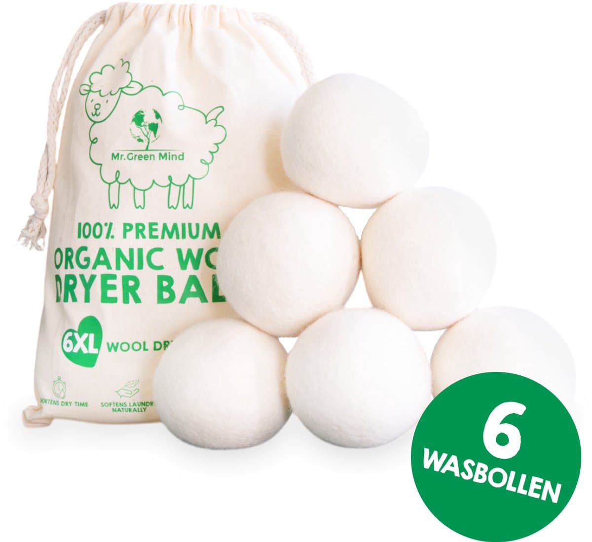 Mr. Green Mind Wasdrogerballen van 100% Wol Duurzaam, Herbruikbaar & Energie-besparend – Set van 6 drogerballen – Natuurlijk alternatief voor wasverzachter — afbeelding 1