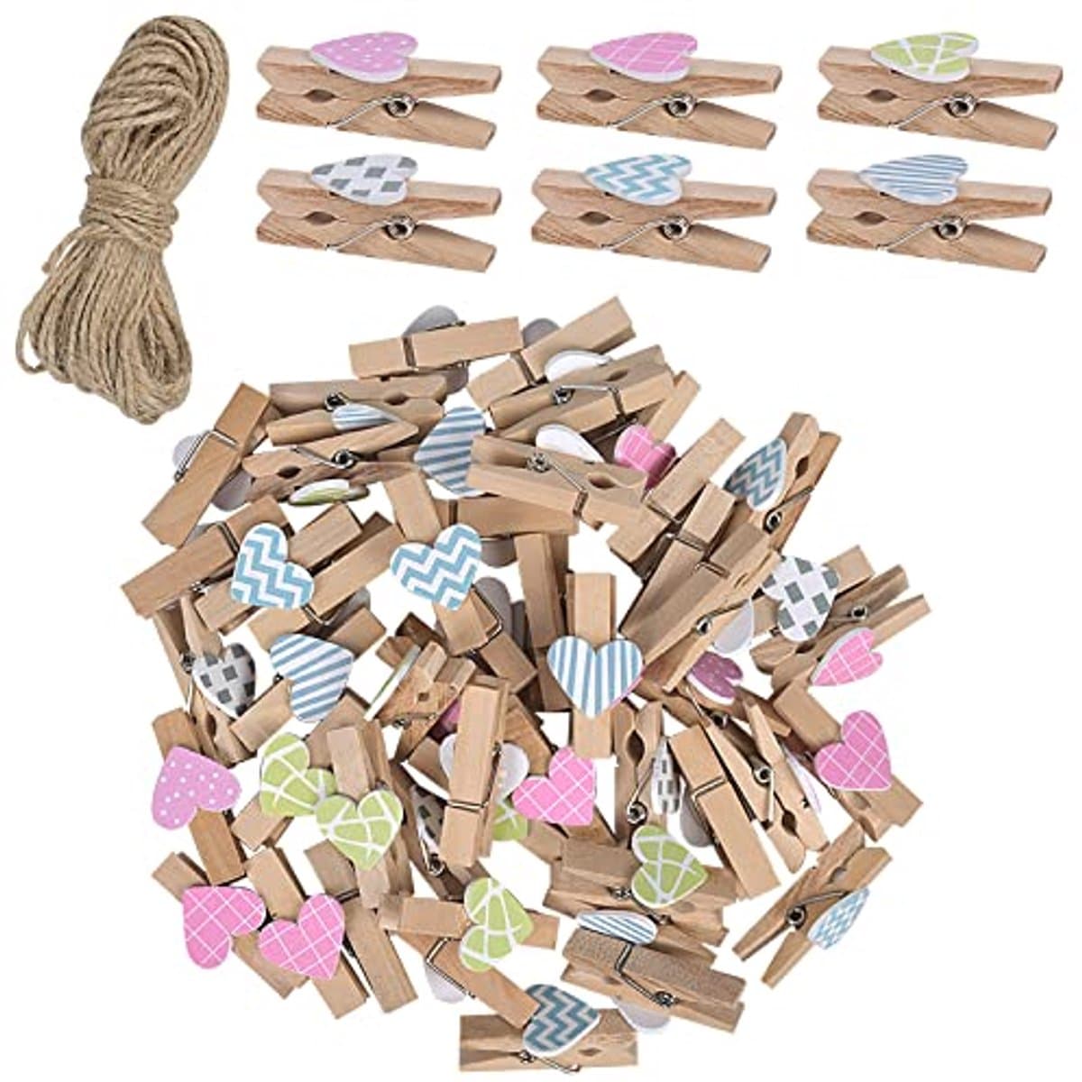 Houten foto-display-clips 50 stuks gekleurd - Mini knutselclips met jute touw voor muurdecoratie — afbeelding 1