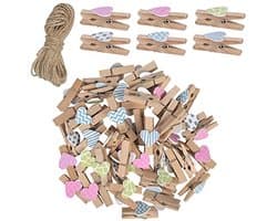Houten foto-display-clips 50 stuks gekleurd - Mini knutselclips met jute touw voor muurdecoratie