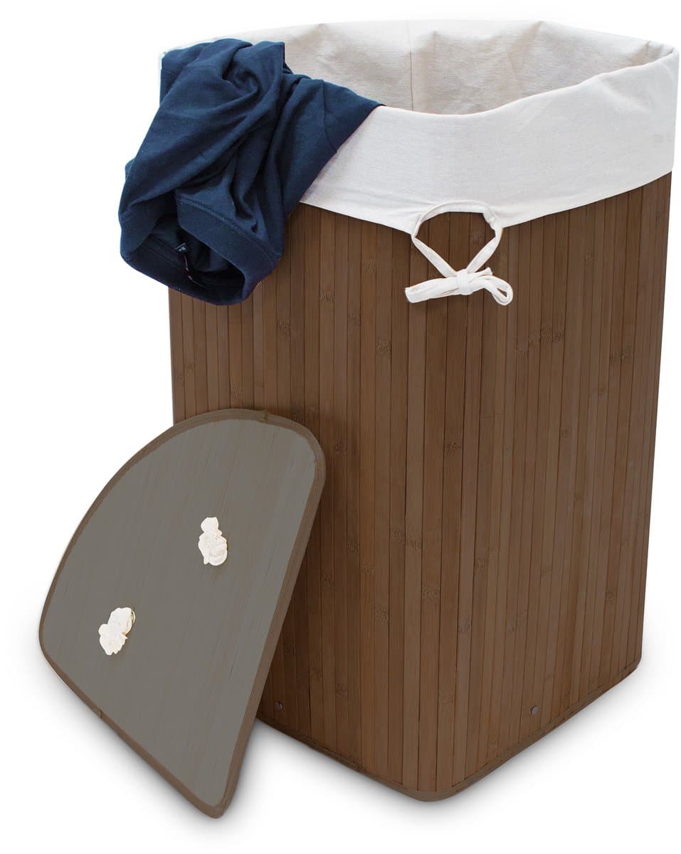 3x wasmand hoekmodel bamboe - 60 liter - deksel - wasbox - driehoekig - bruin — afbeelding 1