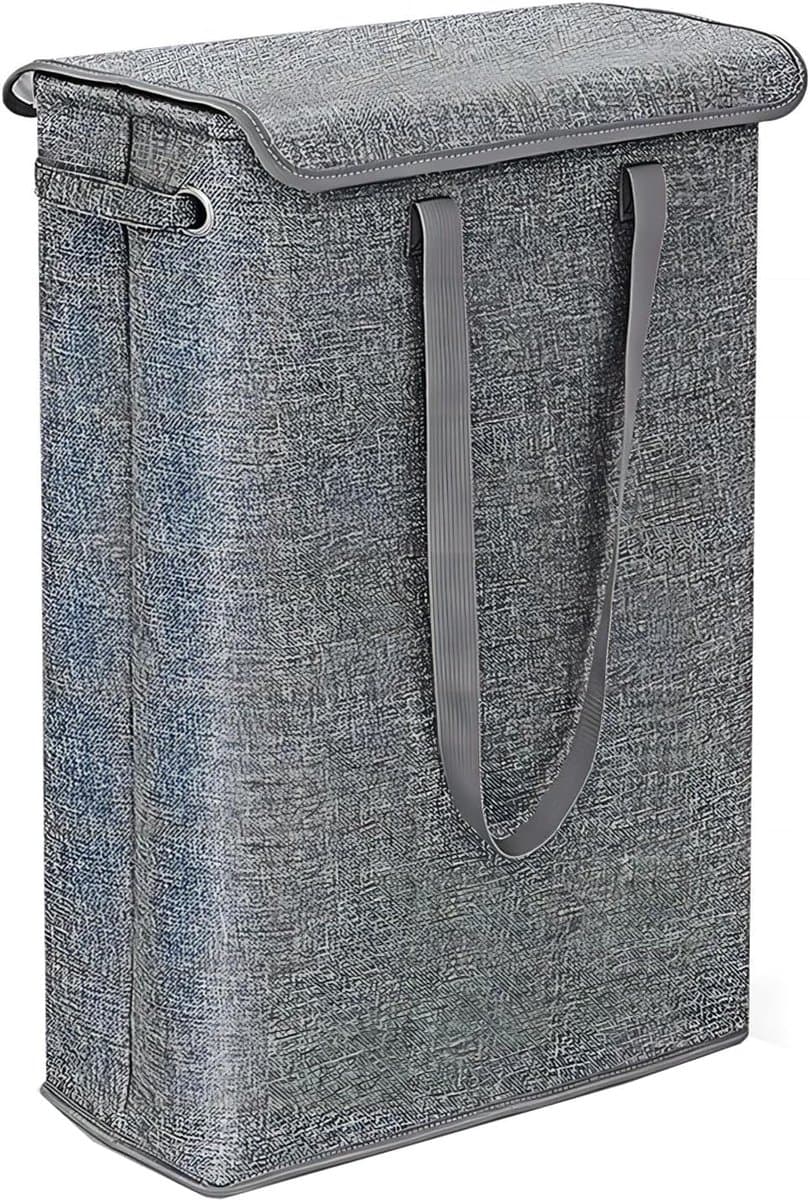 Smalle Wasmand met Deksel 45L, Opvouwbare Wasmand voor Vuile Was met Draaggreep, Waterafstotend, Ruimtebesparende Wasbox voor Badkamer, Slaapkamer en Wasruimte (Gray) — afbeelding 1