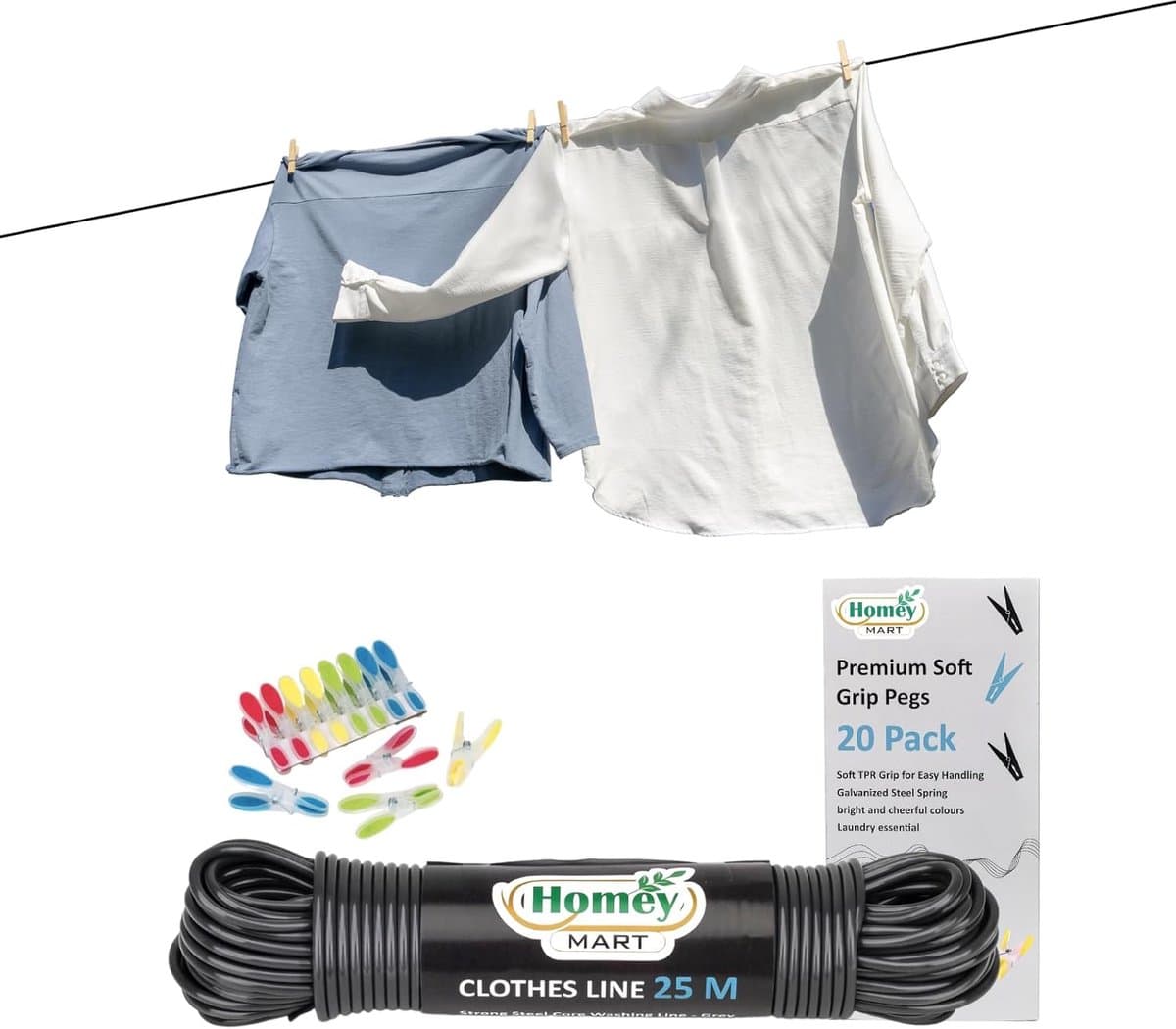 25M Extra Sterke Waslijn - 3,5 mm Dikte voor Binnen en Buiten met 20 Kleding Pinnen — afbeelding 1