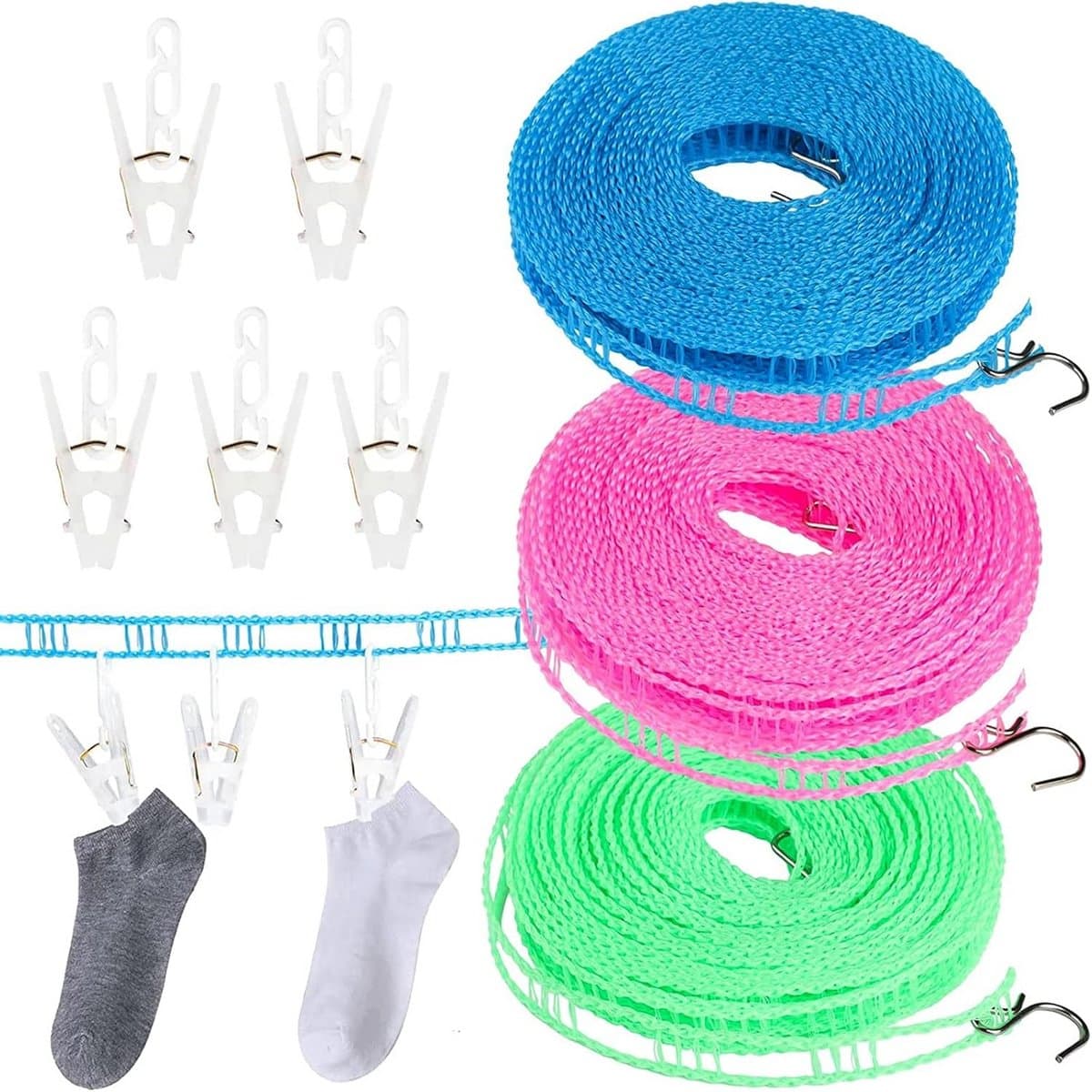 Draagbare Winddichte Nylon Waslijn - 3 Stuks 8m met Antislip Pins voor Binnen en Buiten — afbeelding 1
