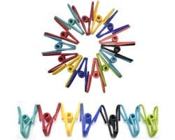 Verpakking van 50 multifunctionele wasknijpers van PVC-gecoat staaldraad in diverse kleuren.