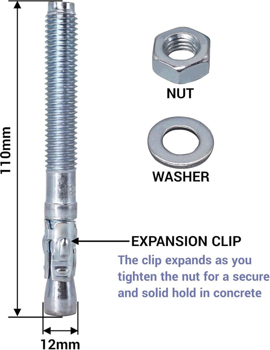 Wedge Anchors - Metal Dowels - Beton Bevestigen - Verzinkt Staal - M12 x 110 mm - Zilverkleurig — afbeelding 1