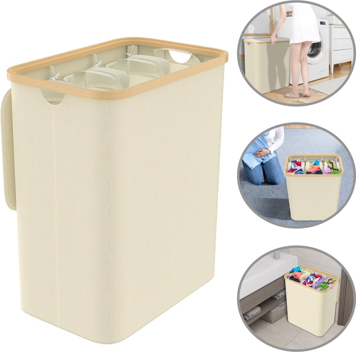 Wasmand 3 Vak – Wasverzamelaar met Deksel en 3 Wasbare Waszakken, Oxford Stof, 140L, Ideaal voor Badkamer en Wasruimte, Beige — afbeelding 1