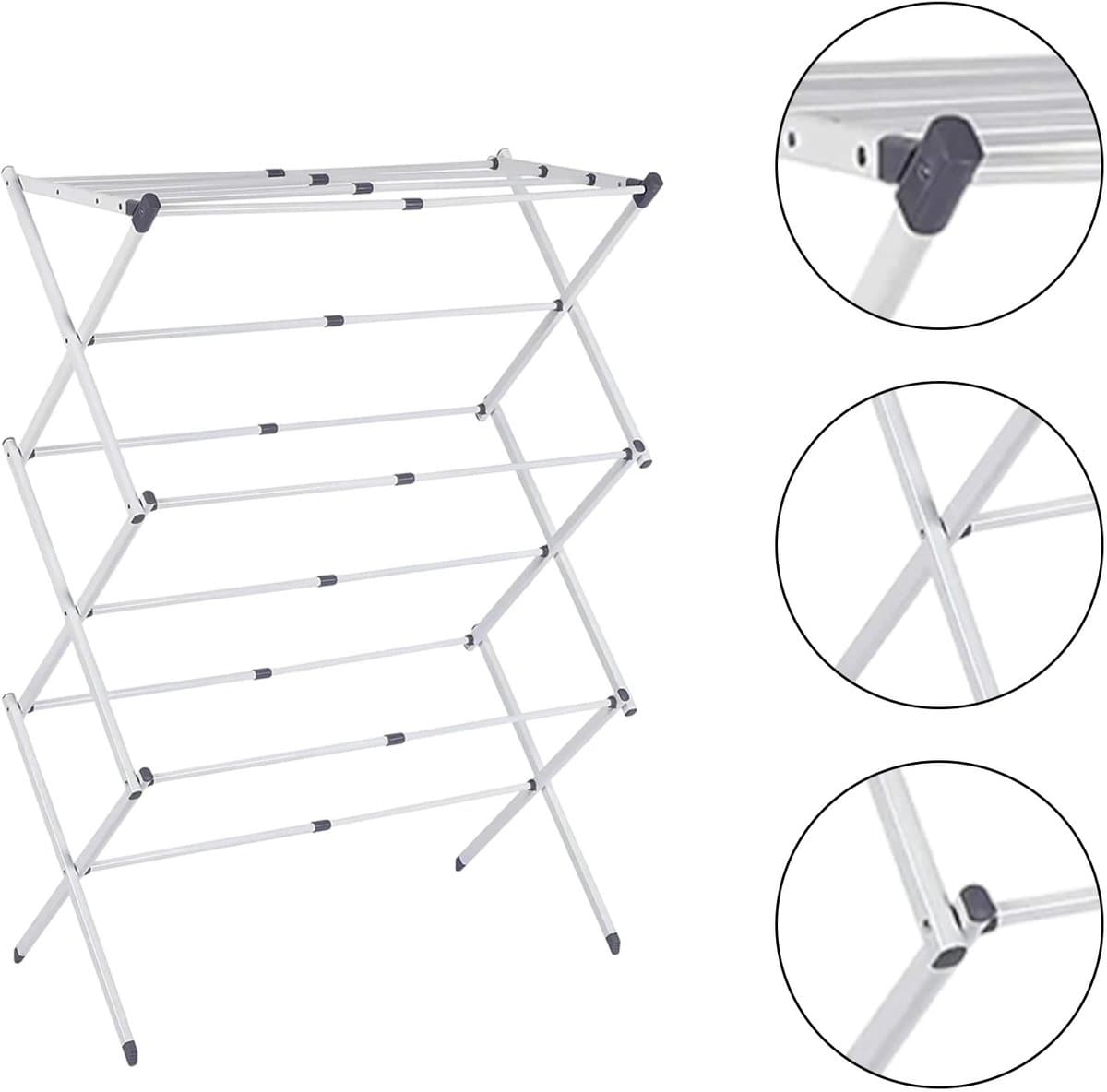 Rumi wasrek - sterke wasrek - droogrek voor kleding - droogrek voor thuis en buiten - wasrek voor binnen en buiten - Hoogwaardig Stevig uitgevoerd Staand - 4-laags opvouwbaar intrekbaar metalen droogrek met droogstangen — afbeelding 1