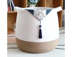 Dailygoody - Grote mand van katoenen touw - Opbergmand voor speelgoed - Natuurlijk materiaal - Bruin linnen en wit - Ruime capaciteit - Veilig voor ki
