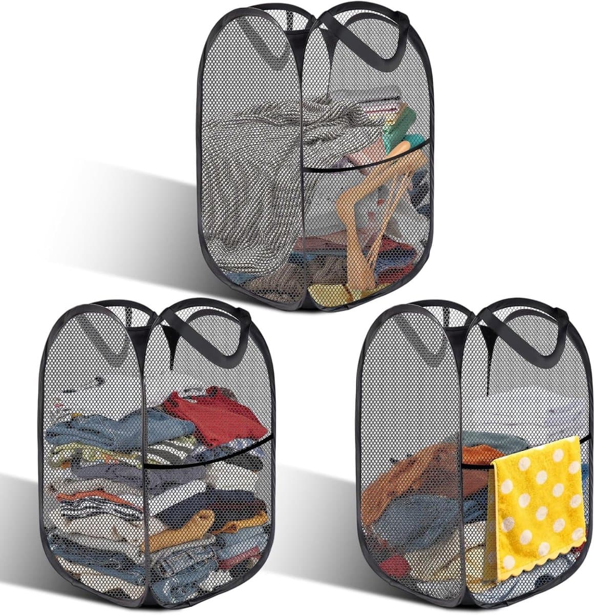 Set van 3 Opvouwbare Wasmanden, Draagbare Pop-Up Wasmanden, Ideaal voor Badkamer en Kamperen, 36 x 36 x 58 cm, Handig voor Wasverzameling en Ruimtebesparing — afbeelding 1