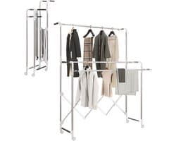 Droogrek opvouwbaar binnen met 3 verstelbare stangen en 4 wieltjes 104-150 x 103 x 145-197 cm zilver — afbeelding 1