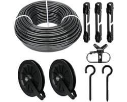 Waslijn Set - Droogkabel Pulley - Buiten Drogen - Met 3 Scheiders - 45 Meter - Zwart