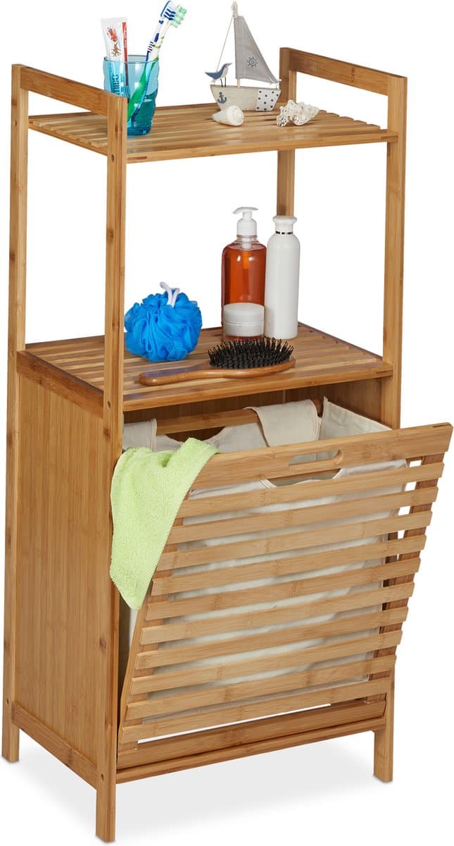 Praktisch badkamerrek met wasmand - 2in1 - bamboe - 100 x 45.5 x 33.5 cm — afbeelding 1