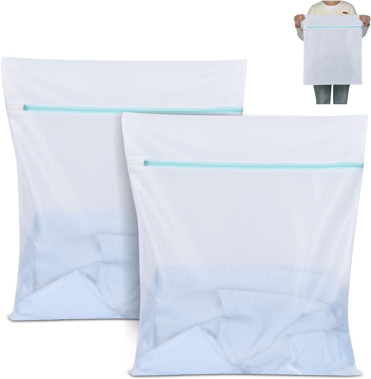 2 Stuks Vuilwaszakken 50 x 60 cm, Wasnet met Metaalrits, Grote Waszak voor Ondergoed, Blouses en Sokken (Wit) — afbeelding 1