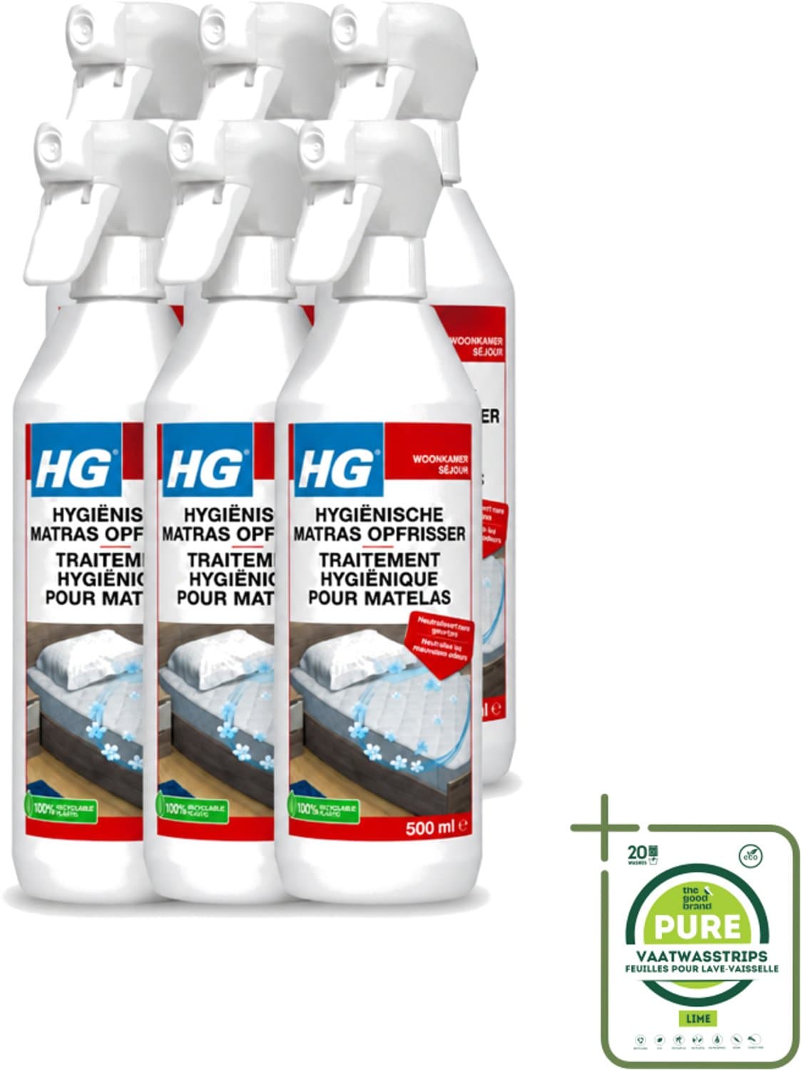 6 x HG - Hygiënische Matras Opfrisser - Werkt Na 30 Minuten - Neutraliseert Nare Geurtjes - 500 ml - Grootverpakking - Vaatwasstrips - Matrasopfrisser - Hygiëne - Geur Verwijderen - Matras Reinigen - Enzymen — afbeelding 1