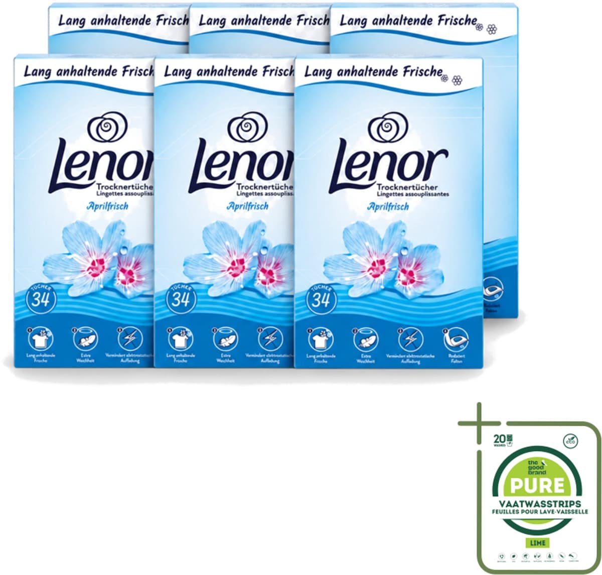 6 x Lenor - Droogtrommeldoekjes - Aprilfris - Textielverfrisser - 34 Doekjes - Grootverpakking - Vaatwasstrips - Droogtrommeldoekjes - Frisheid - Wasdoekjes - Statische Elektriciteit - Wasgoed — afbeelding 1