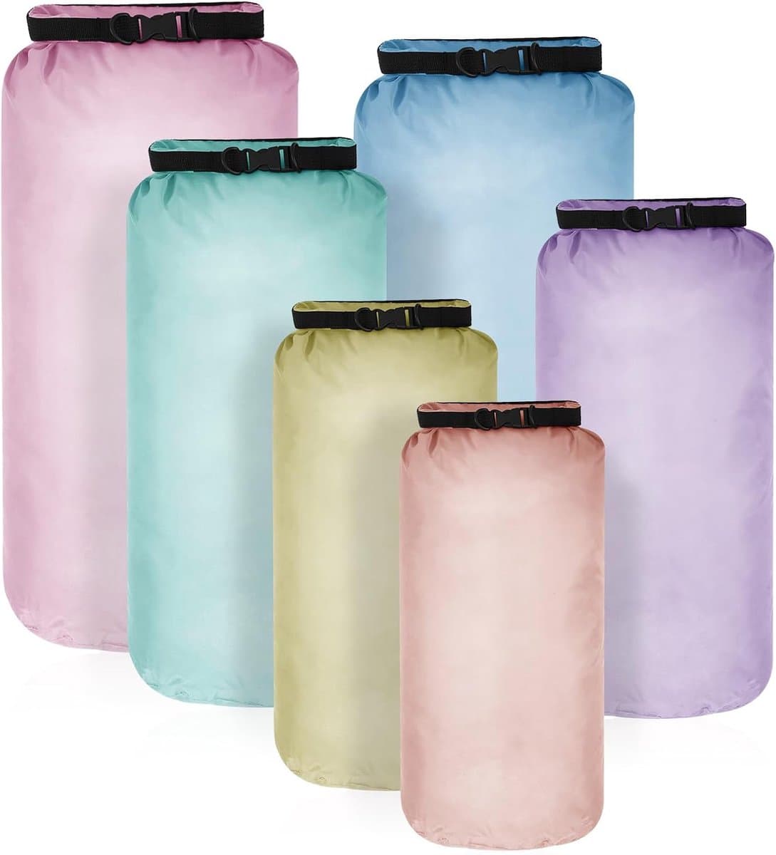 6 stuks waterdichte droogzakken, licht, luchtdicht, set van 20, 15, 10, 8, 5 en 3 l, met lange verstelbare schouderriem voor kajakken, Macaronkleur, 20 L, 15 L, 10 L, 8 L, 5 L, 3 L, / — afbeelding 1
