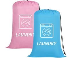 2 Pack grote reizen waszakken 24 x 36 inch, trekkoord, blauw + roze