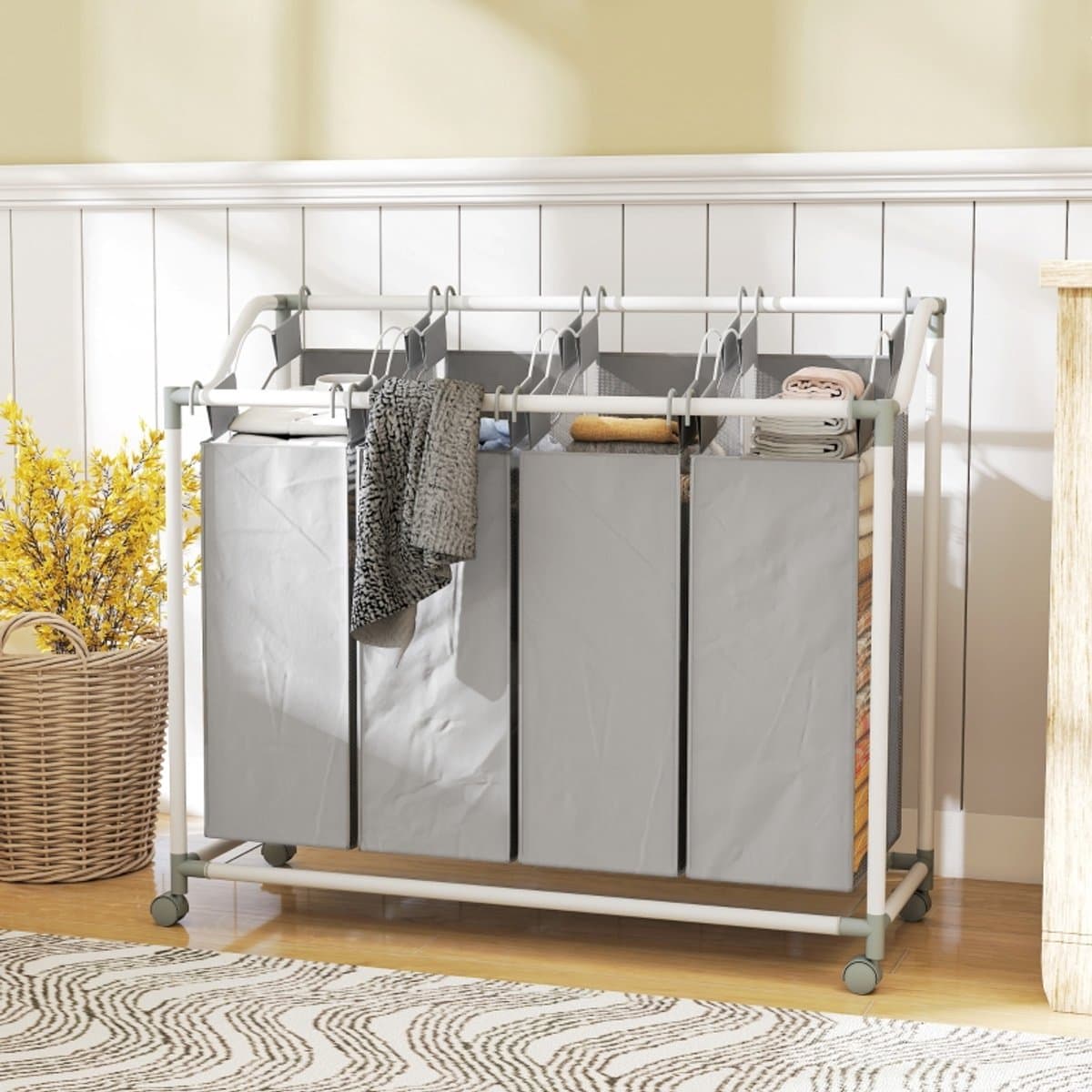 COVREO Wassorteerder 97x38x81 cm - 4 vakken, 160 L, uitneembare waszakken, met wielen, grijs — afbeelding 1