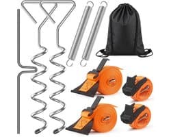 Grondanker - Metaal en Nylon - 40 cm Schroefpen met Verstelbare Spanband en Veer - Voor Caravan en Camper Luifels