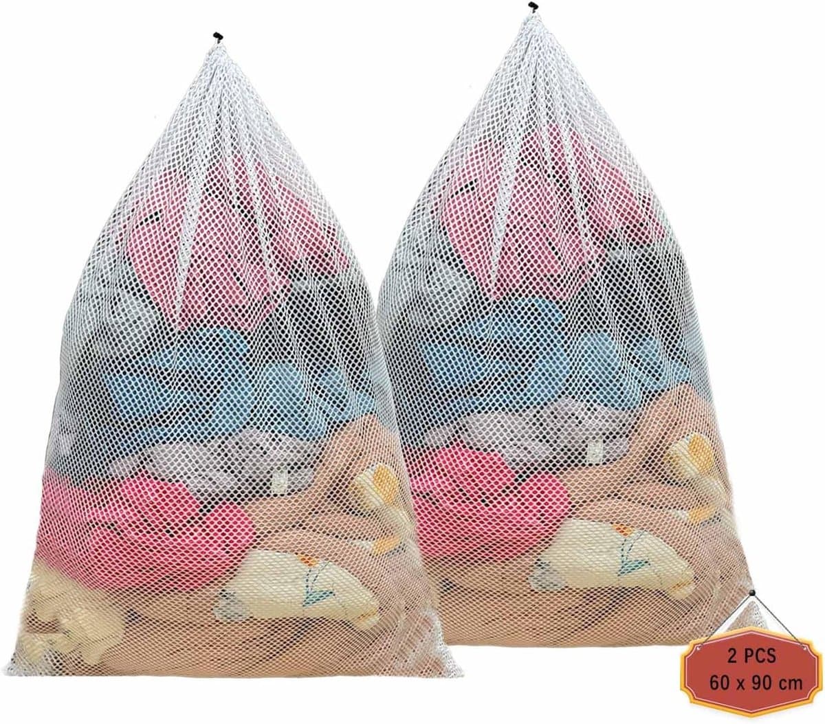 SnelShoppen - Netwaszakken 60x90cm, 2 Stuks Mesh Waszakken voor Ondergoed, Sokken, Babykleding, Duurzame Wasmachine Tas, Herbruikbare, Fijne Trekkoord — afbeelding 1