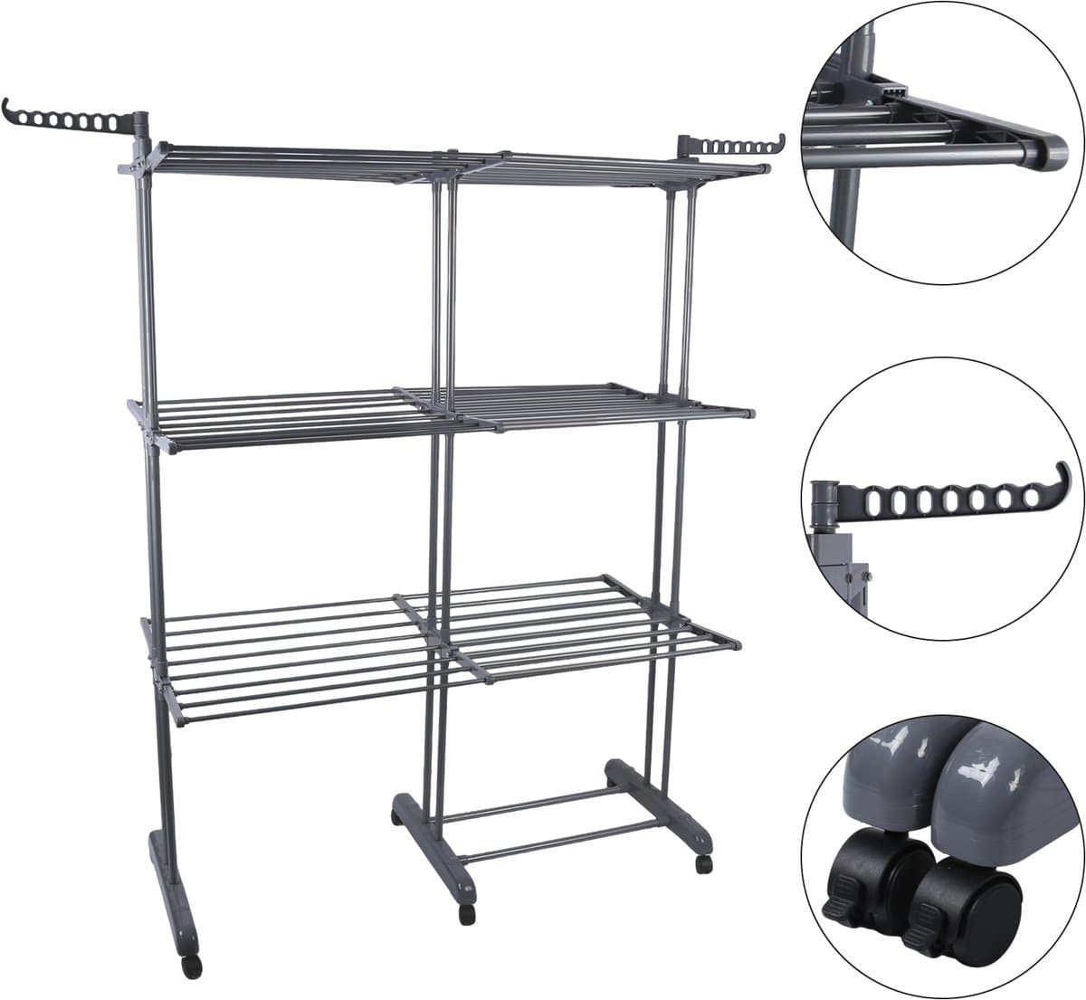 PIPIPOXER- Wasrek Inklapbaar-Droogrek-Staand Droogrek -Uitschuifbare Droogtoren – 3 Verdiepingen – 132 meter Drooglengte- Ruimtebesparend Wasrek -132x49x170 CM- Droogrek op Wielen - grijs — afbeelding 1